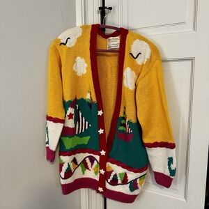 VTG Marisa Christina Hand knitted‎ Long Line Cardigan XL GrandmaCore Nautical